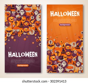 Halloween Banners Set with Icons in Circles on Textured Backdrop. Vector Illustration. Trick or Treat Stickers for Party Invitation or menu design. Place for your text.