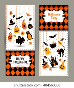 Halloween banners set on colors background. Invitation to night party. Vector design template for halloween celebration with icons. Set of autumn symbols.