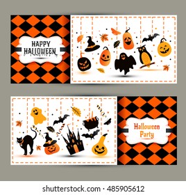 Halloween banners set on colors background. Invitation to night party. Vector design template for halloween celebration with icons. Set of autumn symbols.