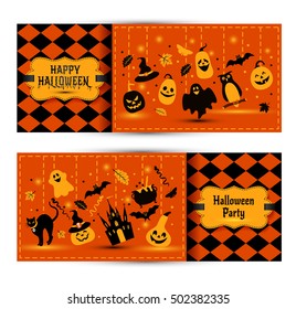 Halloween banners set on colors background. Invitation to night party. Vector design template for halloween celebration with icons. Set of autumn symbols.