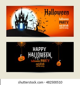 Halloween banners set on orange and black background. Invitation to night party. Vector design template for halloween celebration. Set of autumn symbols.