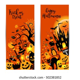 Halloween banners set on orange background. Invitation to night party. Vector design template for halloween celebration with icons. Set of autumn symbols.