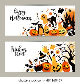 Halloween banners set on white background. Invitation to night party. Vector design template for halloween celebration with icons. Set of autumn symbols.