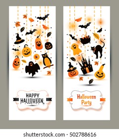 Halloween banners set on white background. Invitation to night party. Vector design template for halloween celebration with icons. Set of autumn symbols.