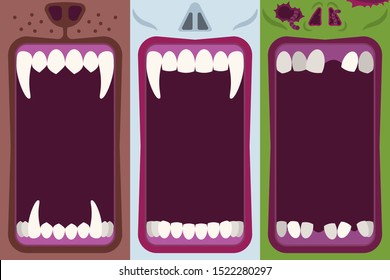 Halloween banners set with opening mouths ready to bite of werewolf, vampire and zombie in flat cartoon style