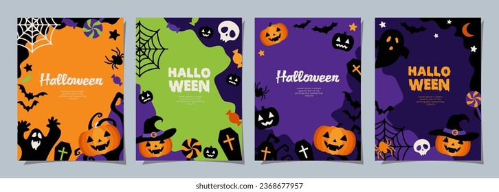 Halloween banners set, party invitation background with clouds, bats and pumpkins in flat design for banner, cover, printing and social media post. Vector illustration.