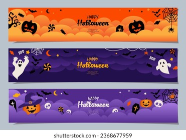 Halloween banners set, party invitation background with clouds, bats and pumpkins in flat design for banner, cover, printing and social media post. Vector illustration.