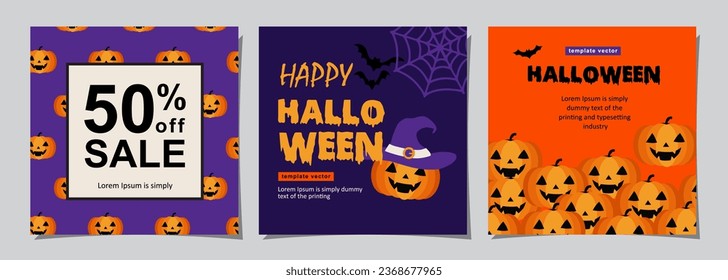 Halloween banners set, party invitation background with clouds, bats and pumpkins in flat design for banner, cover, printing and social media post. Vector illustration.