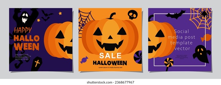 Halloween banners set, party invitation background with clouds, bats and pumpkins in flat design for banner, cover, printing and social media post. Vector illustration.