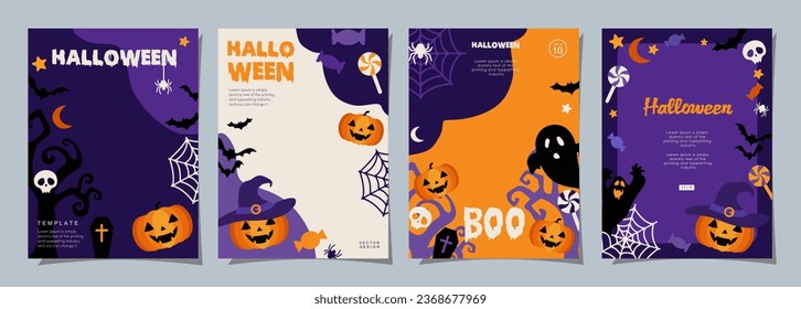 Halloween banners set, party invitation background with clouds, bats and pumpkins in flat design for banner, cover, printing and social media post. Vector illustration.