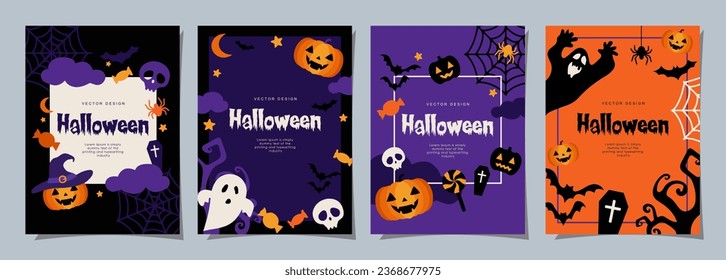 Halloween banners set, party invitation background with clouds, bats and pumpkins in flat design for banner, cover, printing and social media post. Vector illustration.