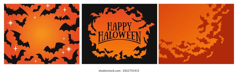 Halloween banners set. Scary creepy posters with dark bat silhouettes on orange background. Design elements for celebrating holiday of fear. Flat vector illustration collection isolated on background