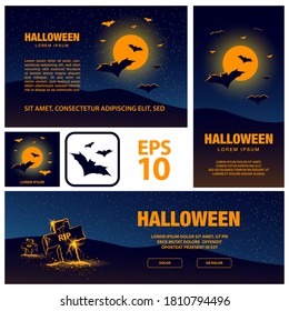 Halloween banners set for social networks with bats flying over full moon background.