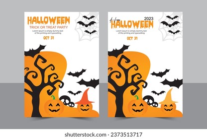 Halloween Banners Set. Vector Illustration. Flat Halloween Icons in Circles on Textured Backdrop. Trick or Treat Stickers. Halloween Party Invitation. Halloween Template.
