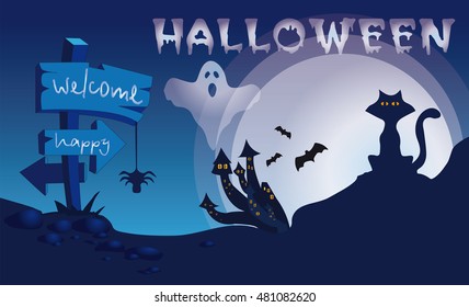 Halloween Banners Set. Vector Illustration. Flat Halloween Icons in Circles on Textured Backdrop. Trick or Treat Stickers. Halloween Party Invitation.