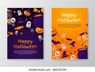 Halloween Banners Set. Vector Illustration. Flat Halloween Icons in Circles on Textured Backdrop. Trick or Treat Stickers. Halloween Party Invitation. Place for your text. Halloween menu design.