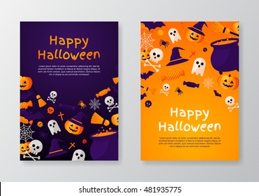 Halloween Banners Set. Vector Illustration. Flat Halloween Icons in Circles on Textured Backdrop. Trick or Treat Stickers. Halloween Party Invitation. Place for your text. Halloween menu design.