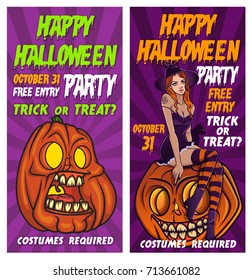 Halloween banners Set. Vector Illustration of beautiful female witch, screaming pumpkin face. Halloween party invitation. Trick or Treat Stickers. Halloween menu design, poster.