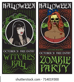 Halloween banners Set. Vector Illustration of witch and smoking zombie girl. Halloween party invitation. Trick or Treat Stickers. Halloween menu design.