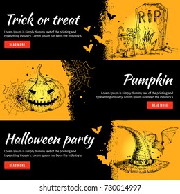 Halloween banners set in yellow black colors with trick or treat pumpkin holiday party isolated vector illustration