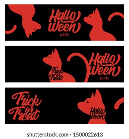 Halloween Banners with the silhouette evil cat characters and custom lettering halloween text on the background. black autumn landscape