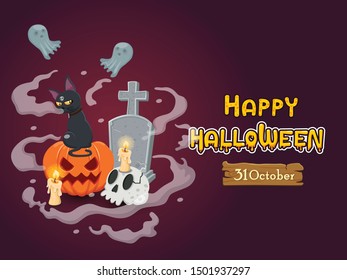 Halloween banners with text and characters. Concept cartoon Halloween elements. Vector clipart illustration on color background