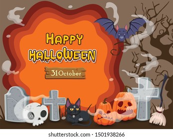 Halloween banners with text and characters. Concept cartoon Halloween elements. Vector clipart illustration on color background