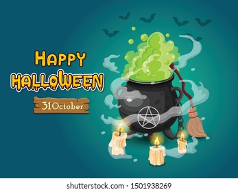 Halloween banners with text and characters. Concept cartoon Halloween elements. Vector clipart illustration on color background