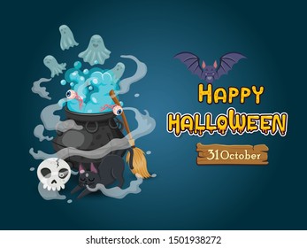 Halloween banners with text and characters. Concept cartoon Halloween elements. Vector clipart illustration on color background