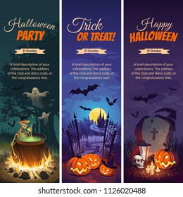 Halloween banners with text and characters - pumpkins, bats, ghosts and Skeletons on the night background. 