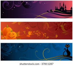 Halloween banners with various stars, scrolls, Jack O' Lantern, leaves, black cat and night castle.