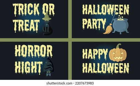 Halloween Banners Vector Set. Lettering With Black Cat, Bat, Jack O'Lantern, Cauldron, Broom Illustration. Perfect for Web Sites, Social Media, Printed Materials