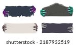 Halloween banners with witch, skeleton, vampire, zombie and werewolf hands. Vector Halloween monster hands holding blank paper signs and gravestones, horror night party and trick or treat event invite