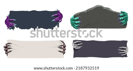 Halloween banners with witch, skeleton, vampire, zombie and werewolf hands. Vector Halloween monster hands holding blank paper signs and gravestones, horror night party and trick or treat event invite