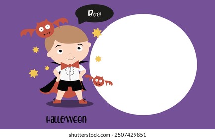 Halloween bannerwith boy in carnival dracula costume for halloween party. Vector invitation for Halloween