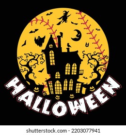 Halloween Baseball Illustration T Shirt, Halloween House Shirt, Happy Halloween Tree Shirt Print Template