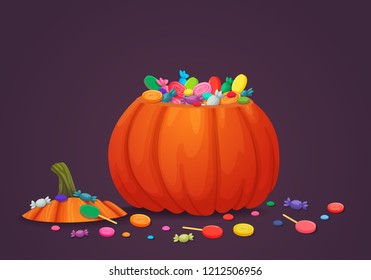 Halloween basket vector icon. Ripe orange pumpkin with top cut off with sweets inside and all around on a purple background. Autumn holiday banner, sign.