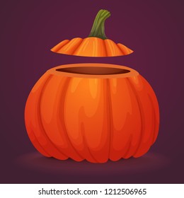 Halloween basket vector icon. Ripe orange pumpkin with top cut off on a purple background. Autumn holiday banner, sign.