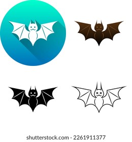 Halloween Bat Animal Icon Set of Flat Long Shadow, Color, Black-White Silhouette, Line Art Logo Symbol Isolated on White Background