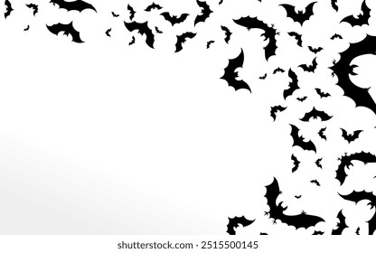 Fondo de murciélago de Halloween. Muchas siluetas de murciélagos vuelan caóticamente sobre un fondo blanco. telón de fondo, marco, tarjeta con espacio de copia