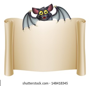 Halloween bat banner with a bat cartoon character above the banner scroll