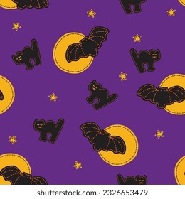 Halloween bat and black cat seamless cute pattern. For backdrop, wrapping paper, fabric, wallpaper. fashion prints. Printing with in hand drawn style Pastel background.