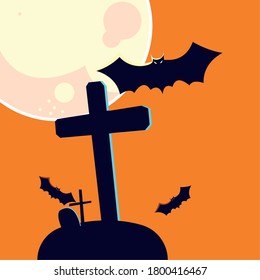 Halloween bat cartoon and grave in front of moon design, Holiday and scary theme Vector illustration