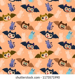 Halloween bat and cat seamless pattern.