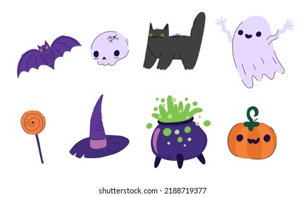 Halloween bat, cauldron, skull, candy, cat, witch, hat. Halloween set. Hand drawn flat cartoon character illustration. Vector illustration on a white background.