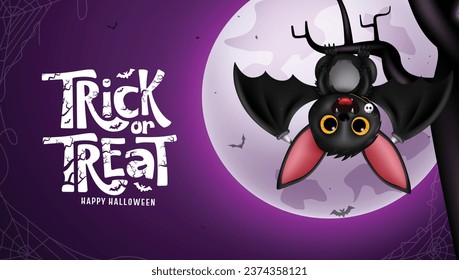 Diseño vectorial de caracteres murciélagos de Halloween. Truco o trato el texto del saludo con bate lindo colgando en los elementos de la rama del árbol para el fondo de la noche de horror de halloween. Ilustración de vectores invitación de vacaciones de temporada