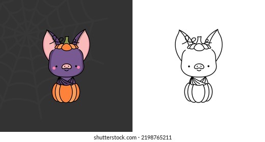 Halloween Bat Clipart Multicolored And Black And White. Beautiful Clip Art Halloween Flittermouse. Cute Vector Illustration Of A Kawaii Halloween Animal Inside A Pumpkin.
