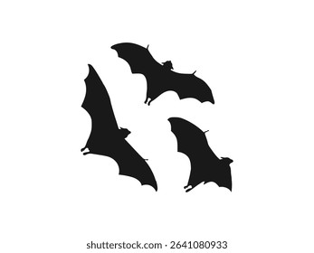 Halloween bat collection, bat flock, Halloween element, vector black bat. Silhouettes of bats in flight against a white background.
