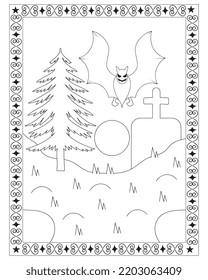 Halloween Bat Coloring Pages for kids. Black and white vector illustration. Happy Halloween. Vector illustration of a coloring on a Halloween. Halloween background cemetery.