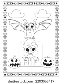 Halloween Bat Coloring Pages for kids. Black and white vector illustration. Happy Halloween. Vector illustration of a coloring on a Halloween. Halloween background cemetery.
